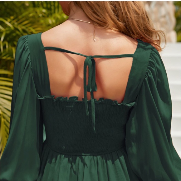 Teal long-sleeve smocked square neck tiered mini dress. - Picture 2 of 4